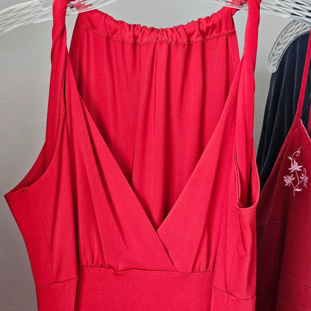 Accordion Pleated Red Halter Dance Midi Dress